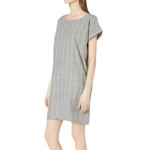 Eileen Fisher Shift Dress XS Hemp Organic Cotton Pinstripe Frayed Hem Minimalist
